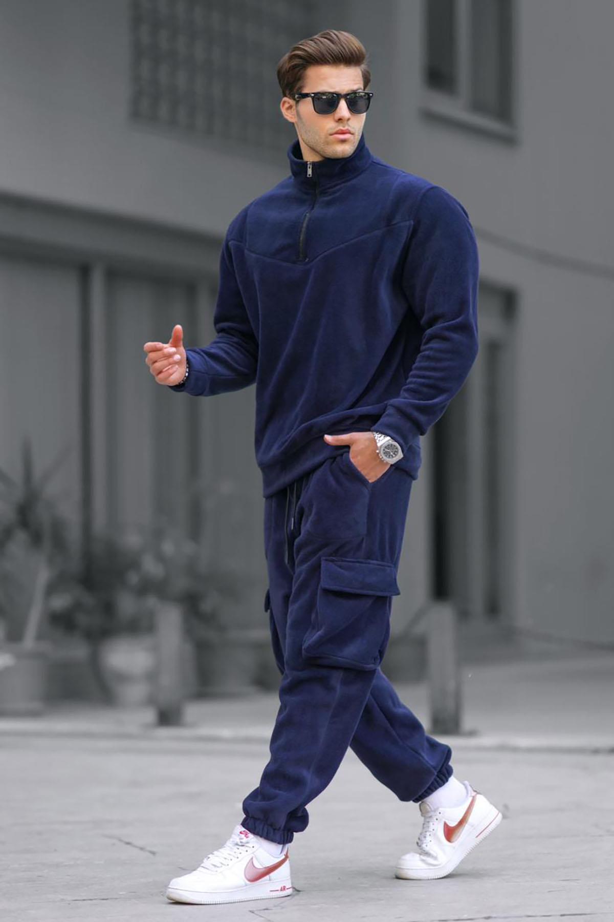 Madmext Marineblaues Trainingsanzug-set Aus Fleece Mit Reißverschlusskragen für Herren - L