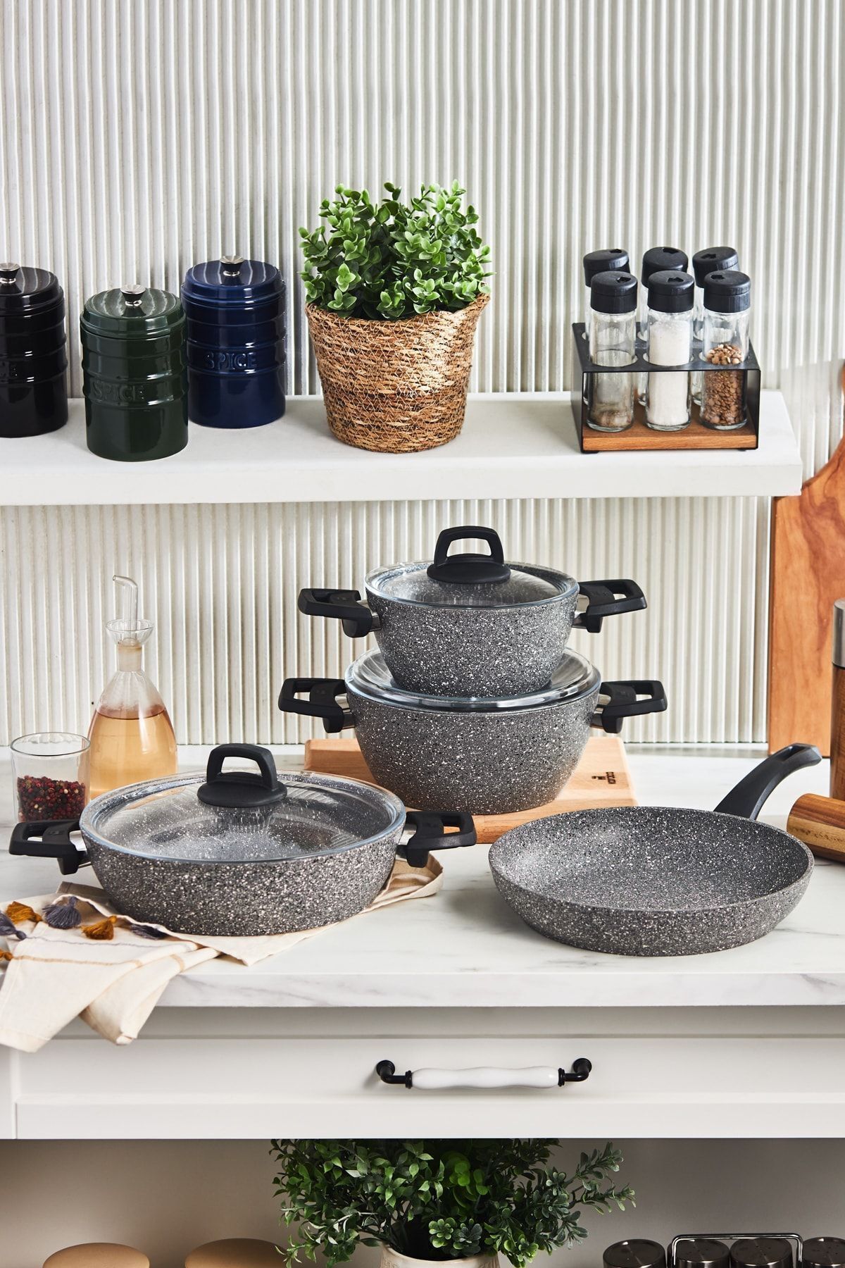 Karaca Gris Bio Granit 7-teiliges Topfset/pfannenset, Antihaftbeschichtung, Induktion - One Size