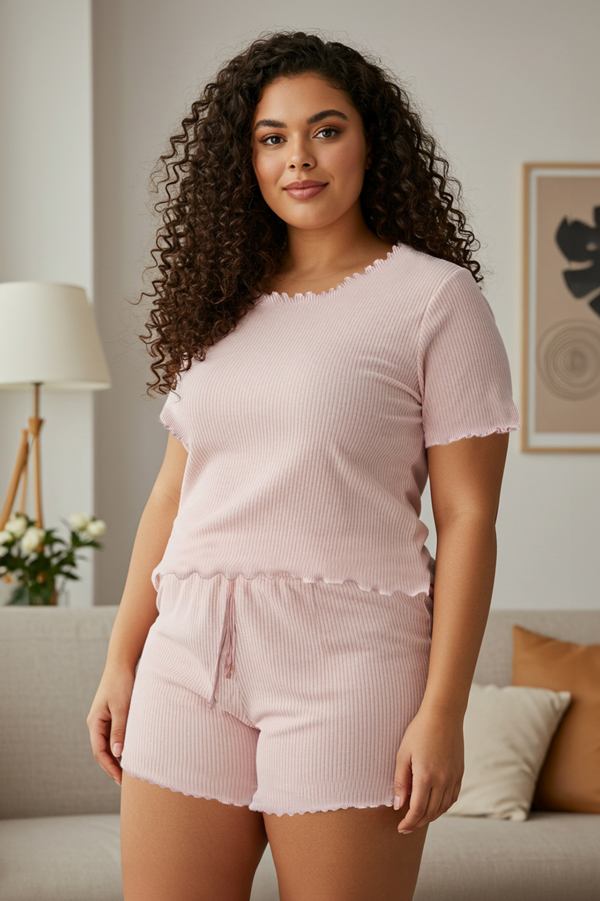 Trendyol Curve Powder Baby Overlock Detailliertes, Geripptes, Gestricktes Pyjama-set für Damen - 3XL