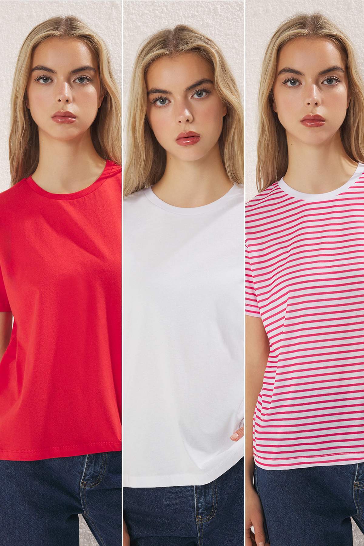 Trendyol Collection Rot Gestreift-rot Einfarbig-weiß Einfarbig 3er-pack Regular Fit Strick-t-shirt für Damen - L