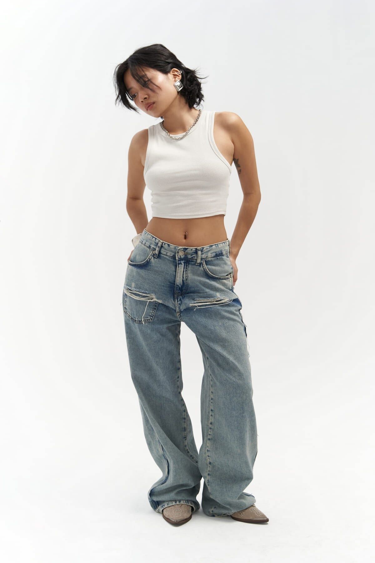 MAİ COLLECTİON Kellen Ice Blue Jeanshose Mit Zerrissenen Details für Damen - L