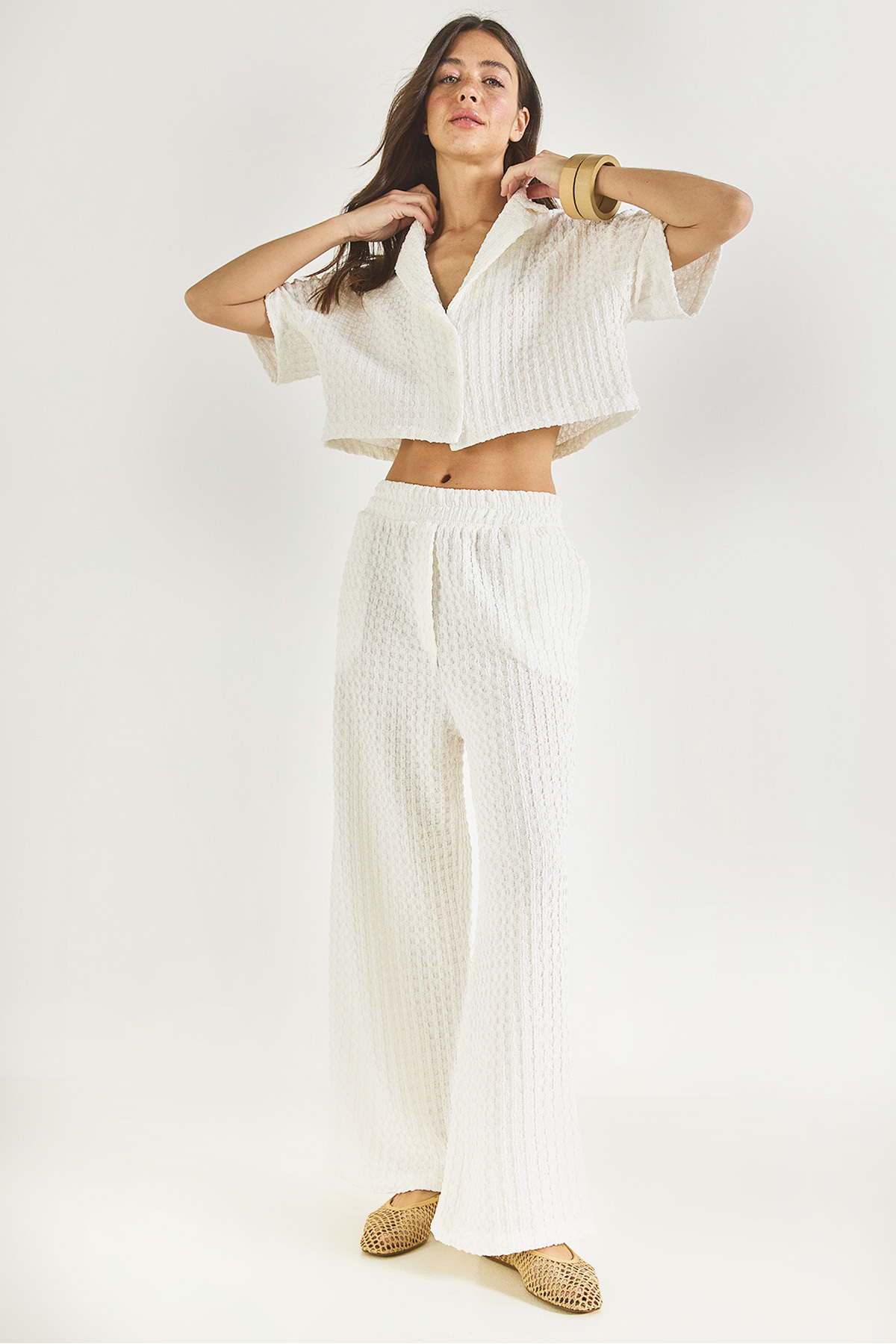 Bianco Lucci Seersucker-crop-jacken-set Mit Elastischem Bund Und Hose Mit Hoher Taille 9313 60281043 für Damen - 36