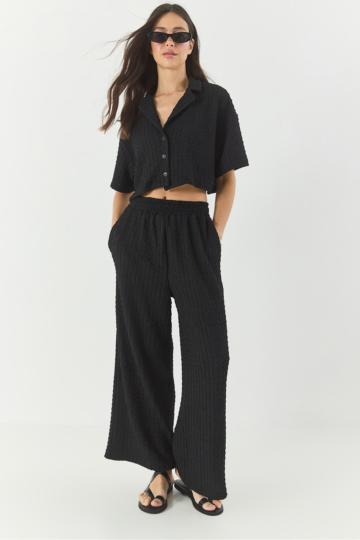 Bianco Lucci Seersucker-crop-jacken-set Mit Elastischem Bund Und Hose Mit Hoher Taille 9313 für Damen - 40