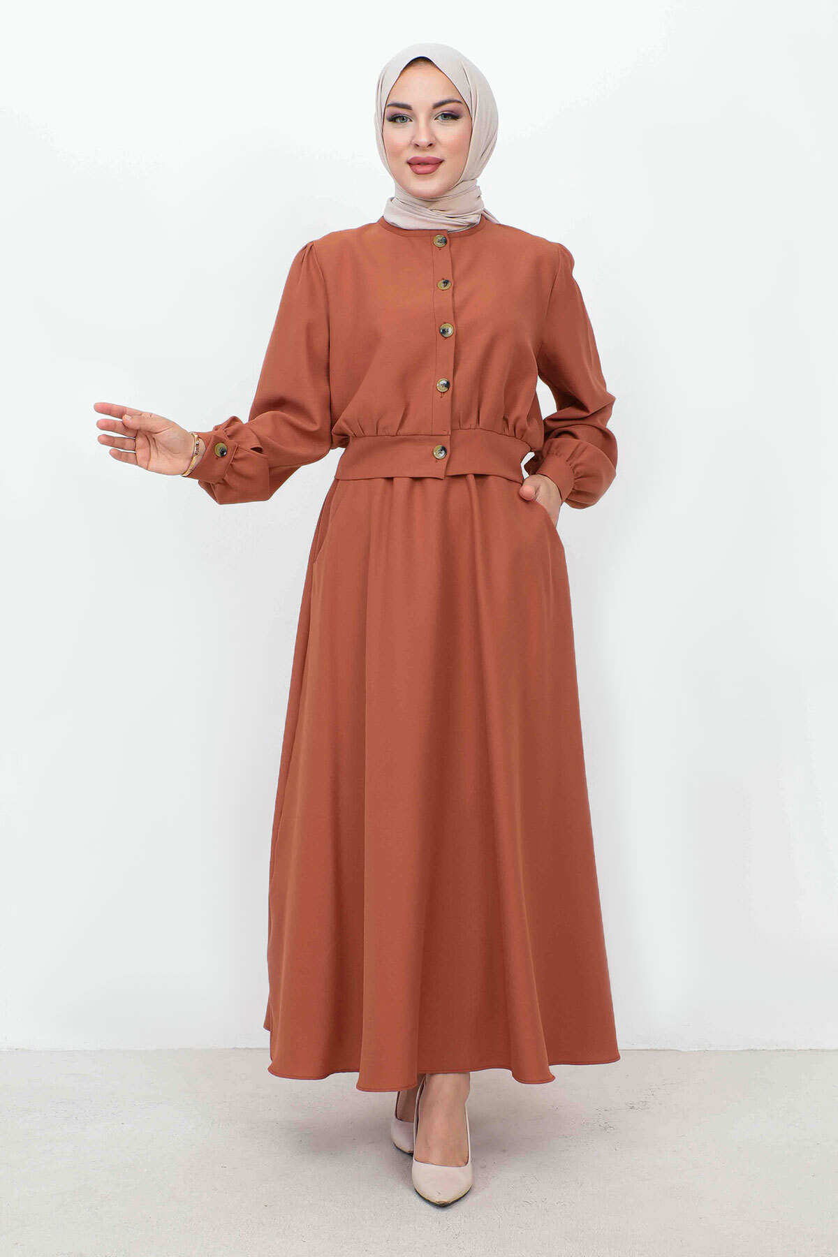 Tesettür Dünyası Doppelter Anzug Mit Geknöpftem Rock Und Taschen Lachsfarben für Damen - 38