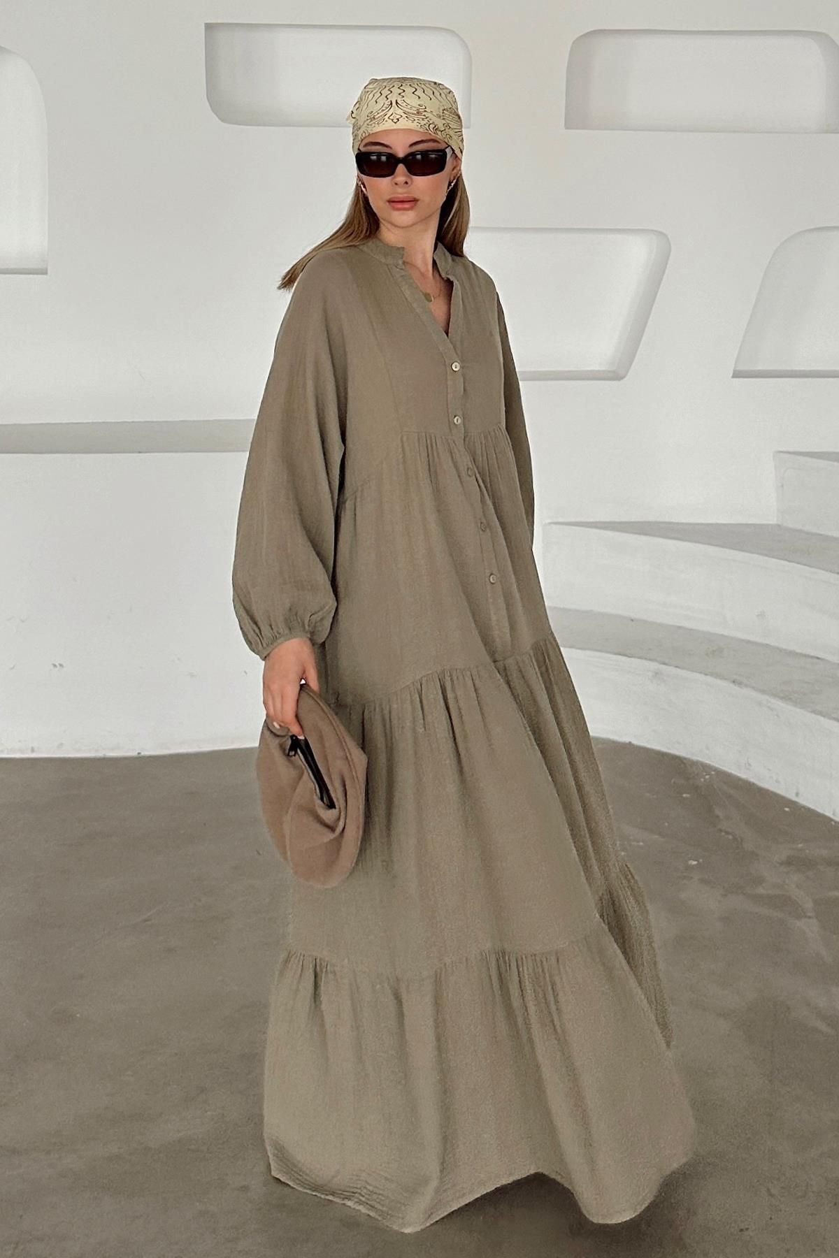 Olcay Lockere Kleidung Aus Musselin Mit Fledermausärmeln Und Knopfleiste Khaki für Damen - S