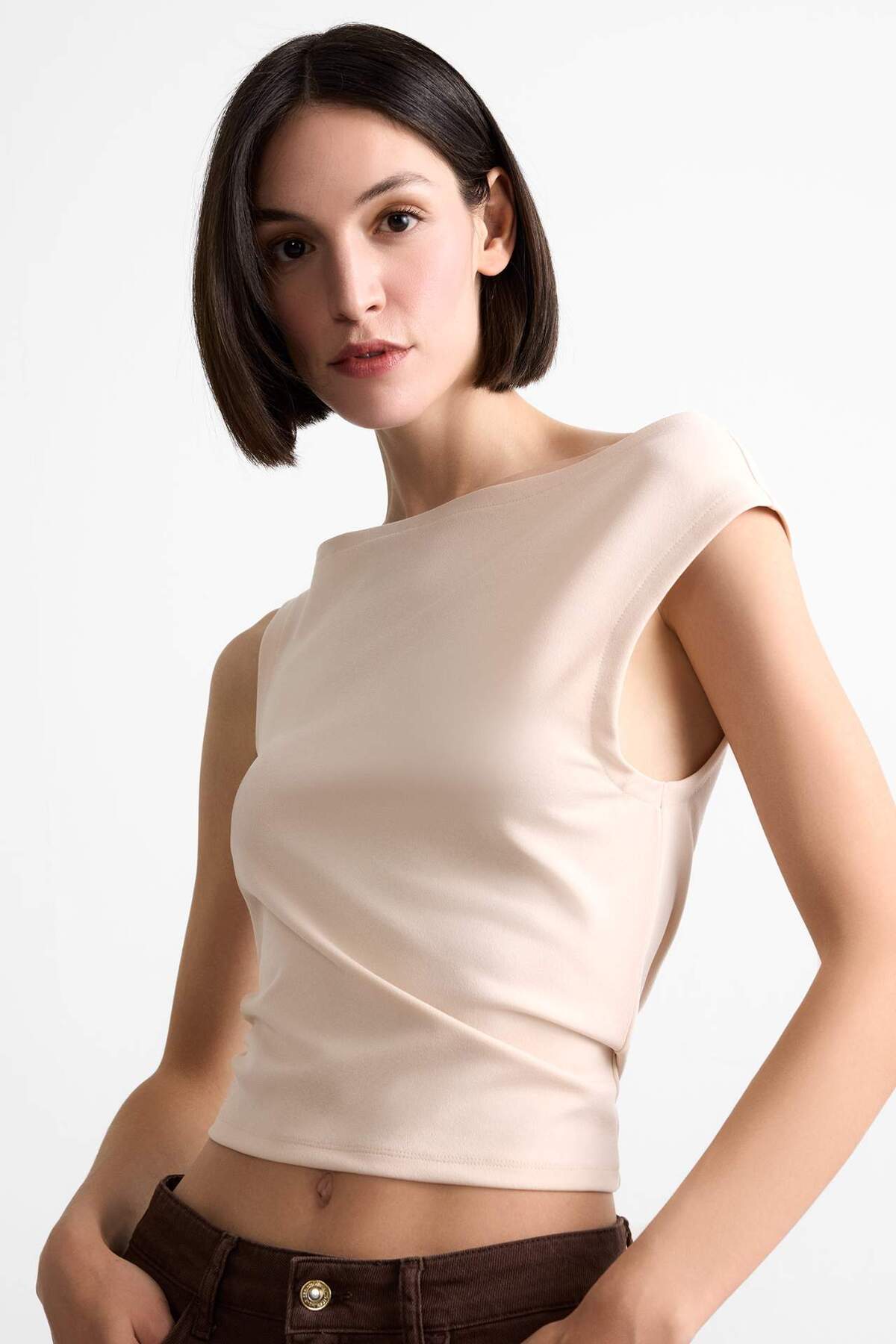 DeFacto Kajak-ausschnitt Crop Basic Plain Ärmellose Bluse für Damen - L