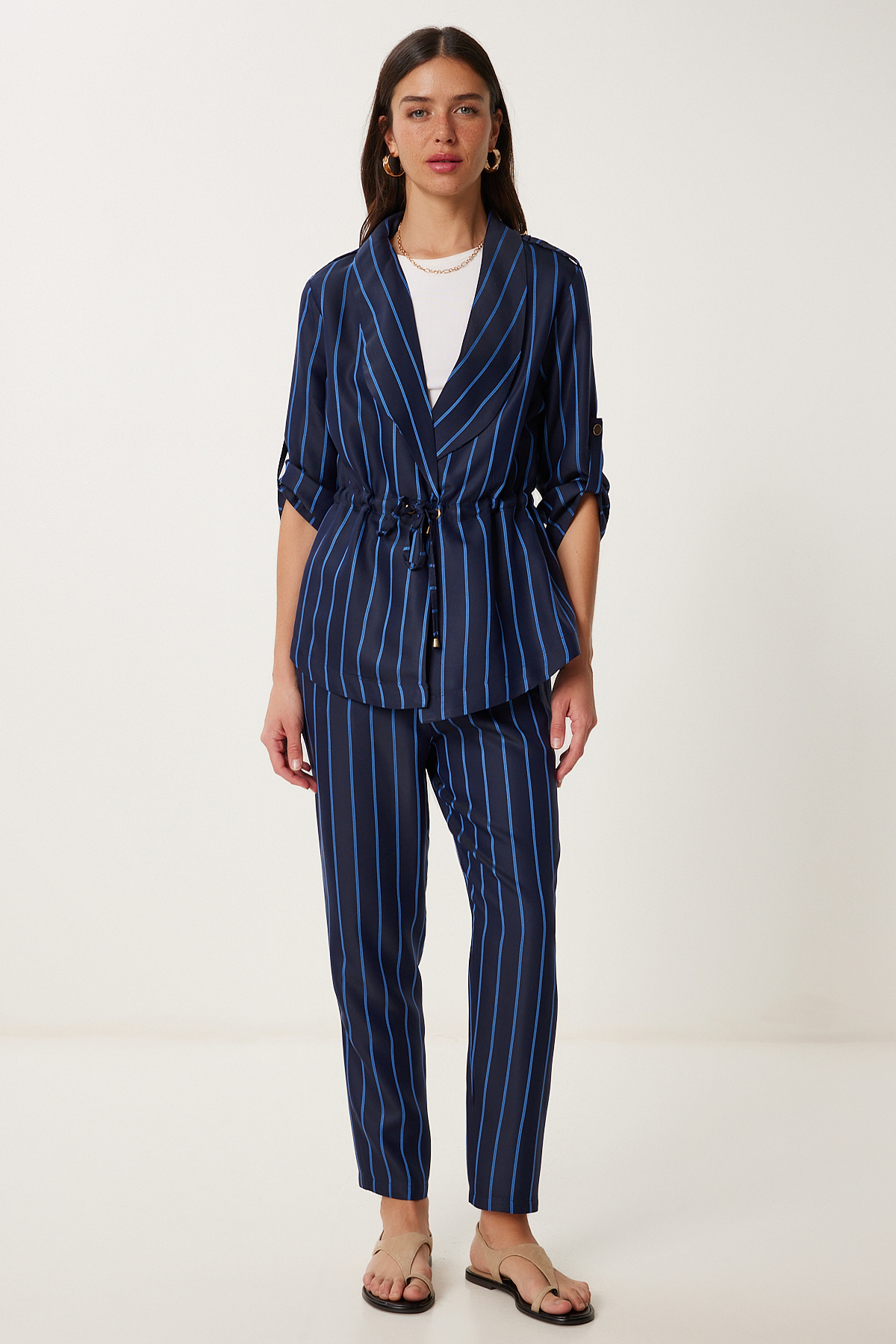 Happiness İstanbul Marineblau Gestreifter, Gewebter Jacken-hosenanzug für Damen - 38