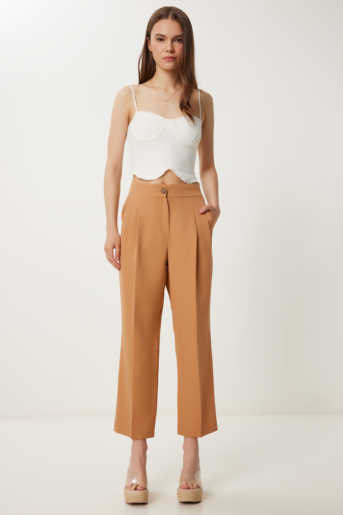 Happiness İstanbul Hose Mit Hoher Taille Und Pinzette Aus Biscuit-stoff für Damen - 38
