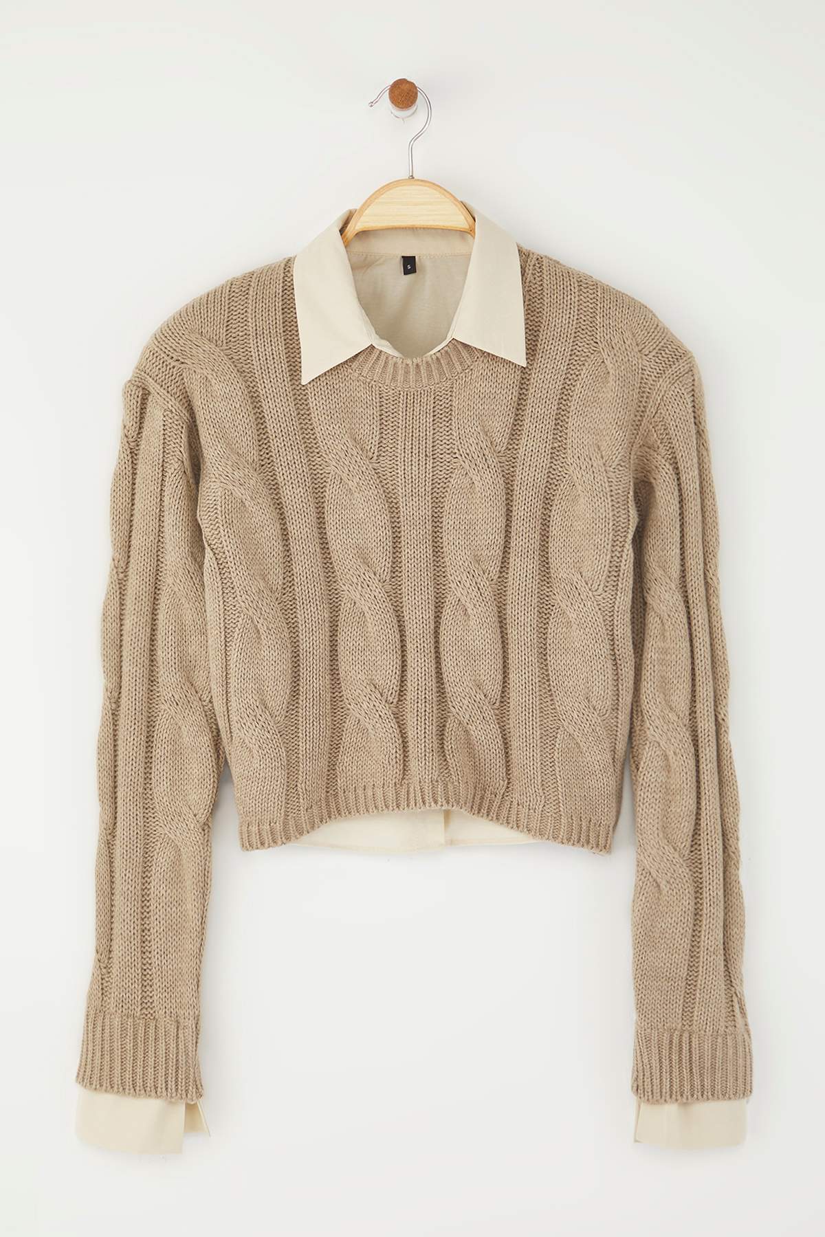 Trendyol Collection Nerzfarbener, Mit Hemden Verzierter, Detaillierter Crop-strickpullover für Damen - M