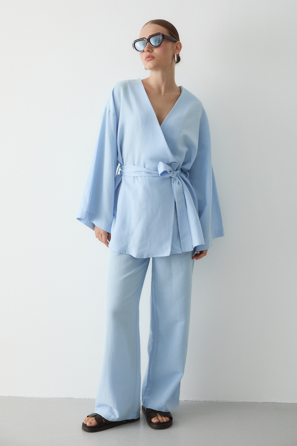 Laluvia Blaues Baumwoll-kimono-hosen-set Mit Weitem Bein für Damen - L