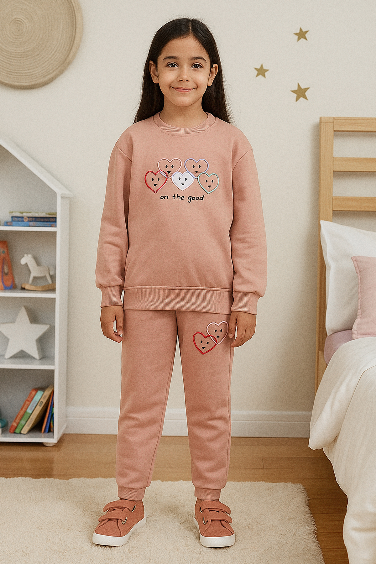 TRENDYOLKIDS Mädchen-pyjama-anzug Mit Herzgemustertem Rose Dry-motiv, Gestrickter Oberteil-unterteil-anzug für Damen - 7–8 Jahre