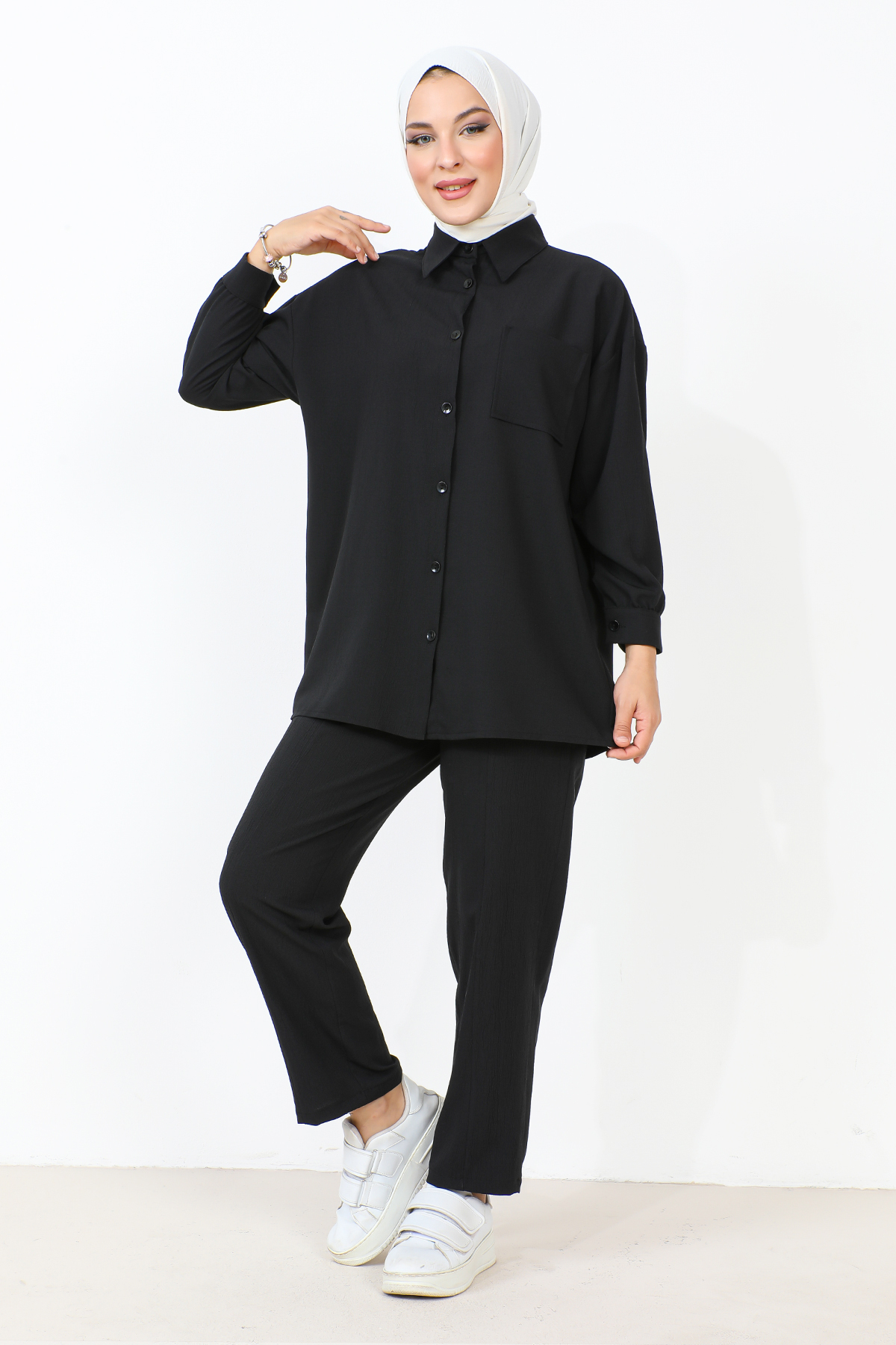Tesettür Dünyası Doppelter Anzug Mit Taschendetail Schwarz für Damen - 44