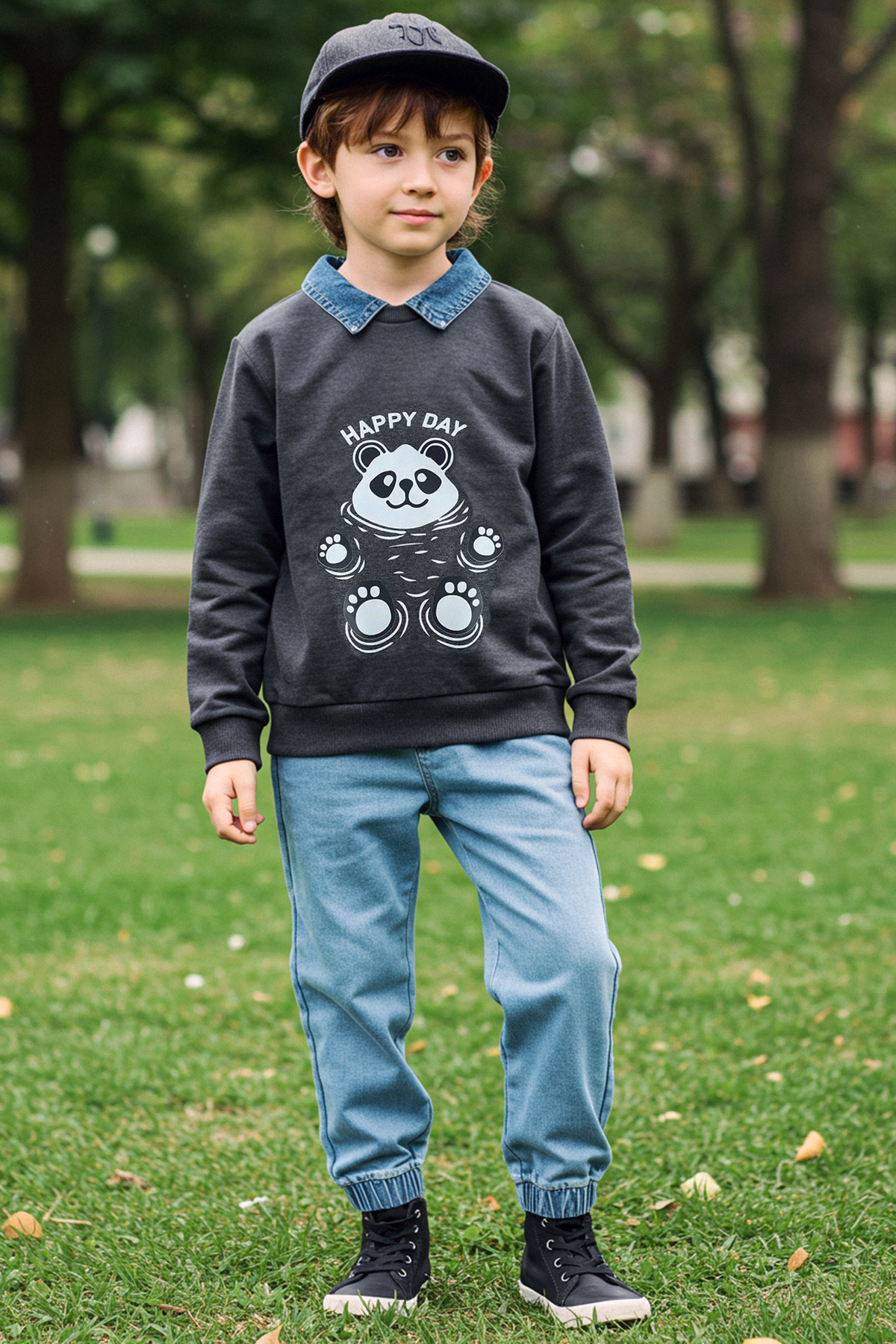 TRENDYOLKIDS Anthrazitgrauer 4-teiliger Bedruckter Baumwoll-strick-unter-oberteil-anzug Für Jungen für Herren - 4–5 Jahre