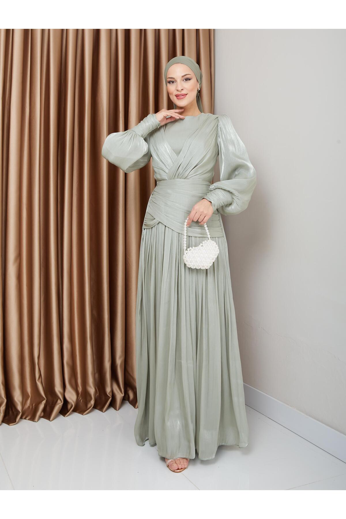 Olcay Hellgrüne Hijab-abendkleider Aus Kristall-chiffon Mit Volant- Und Faltenverzierung für Damen - 42