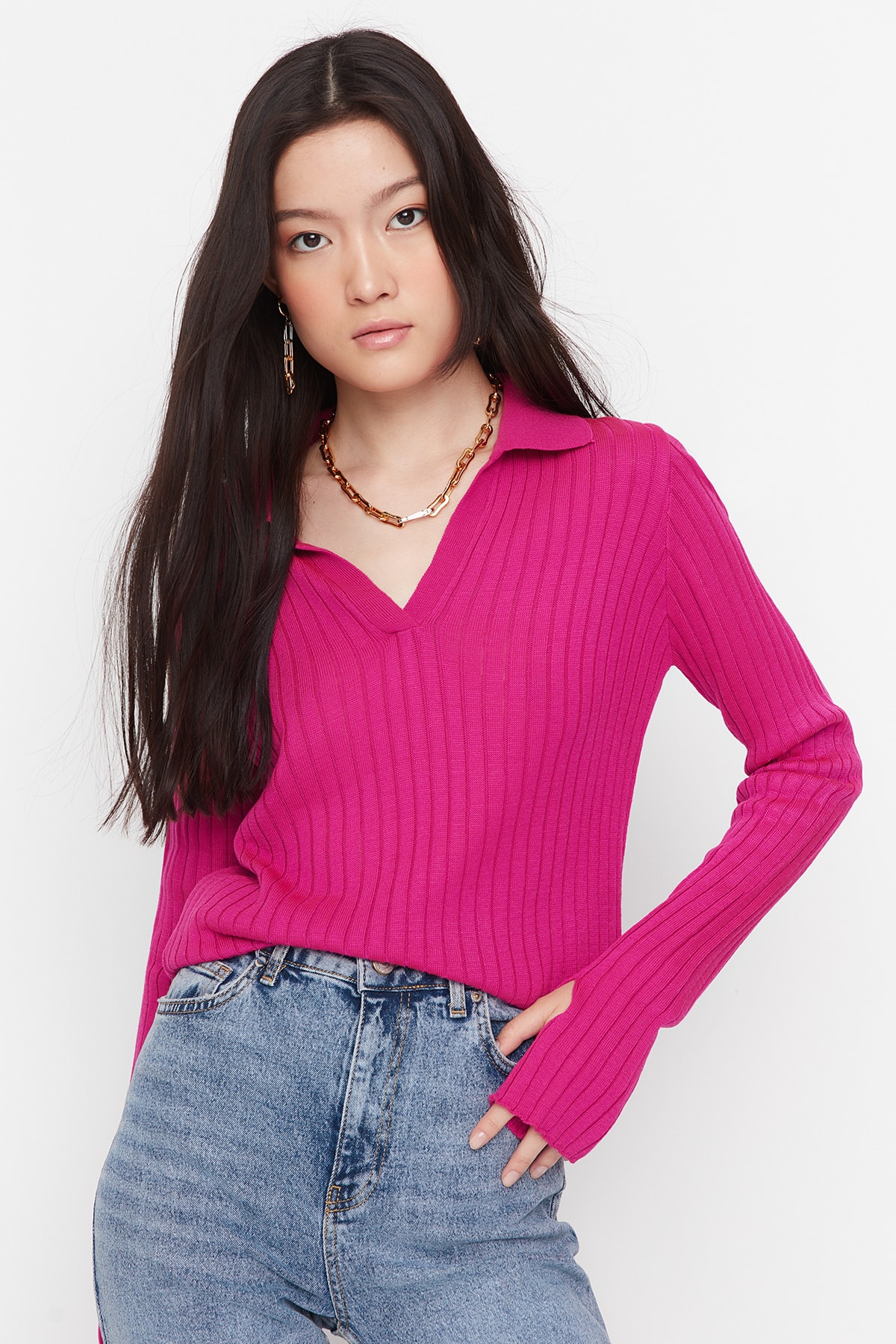 Trendyol Collection Fuchsia Ärmel Detail Polo Kragen Trikot Pullover für Damen - XS