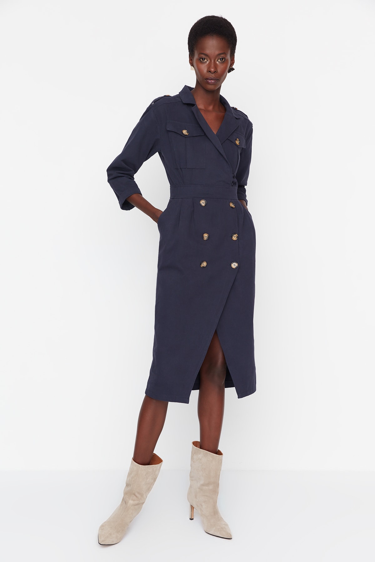 Trendyol Collection Marineblaues, Geknöpftes Jacken-webkleid für Damen - 34