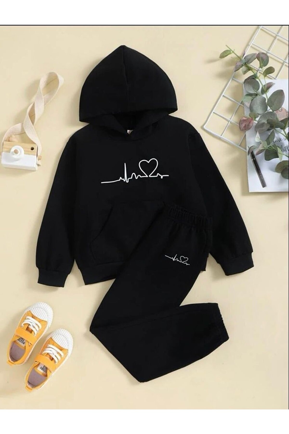 My Blog Unisex-overall-trainingsanzug-set Mit Kapuze Und Herzrhythmus-aufdruck In Schwarz Für Kinder - 11–13 Jahre