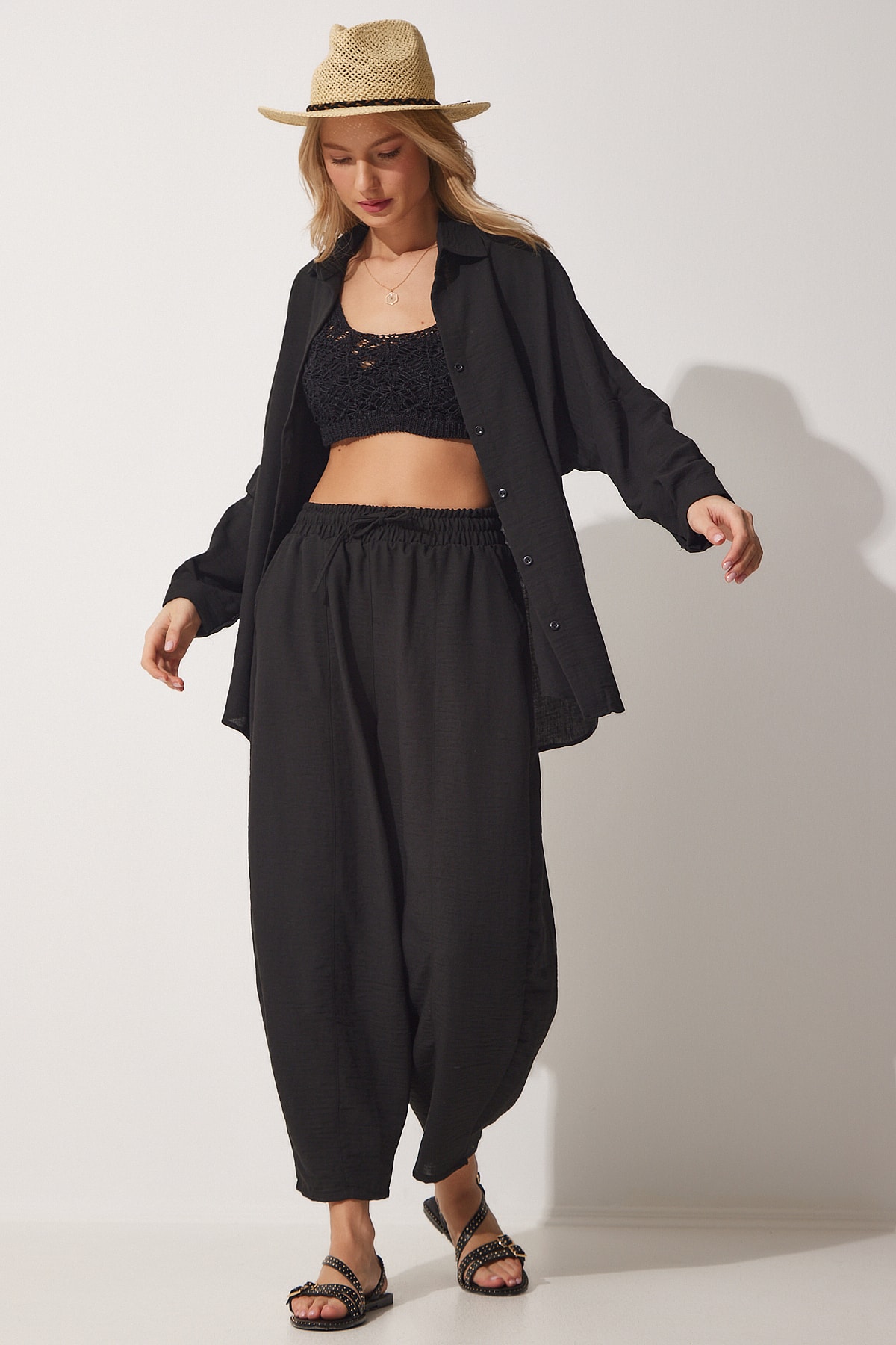 Happiness İstanbul Schwarzes Leinenhemd- Und Baggy-hosen-set für Damen - 36