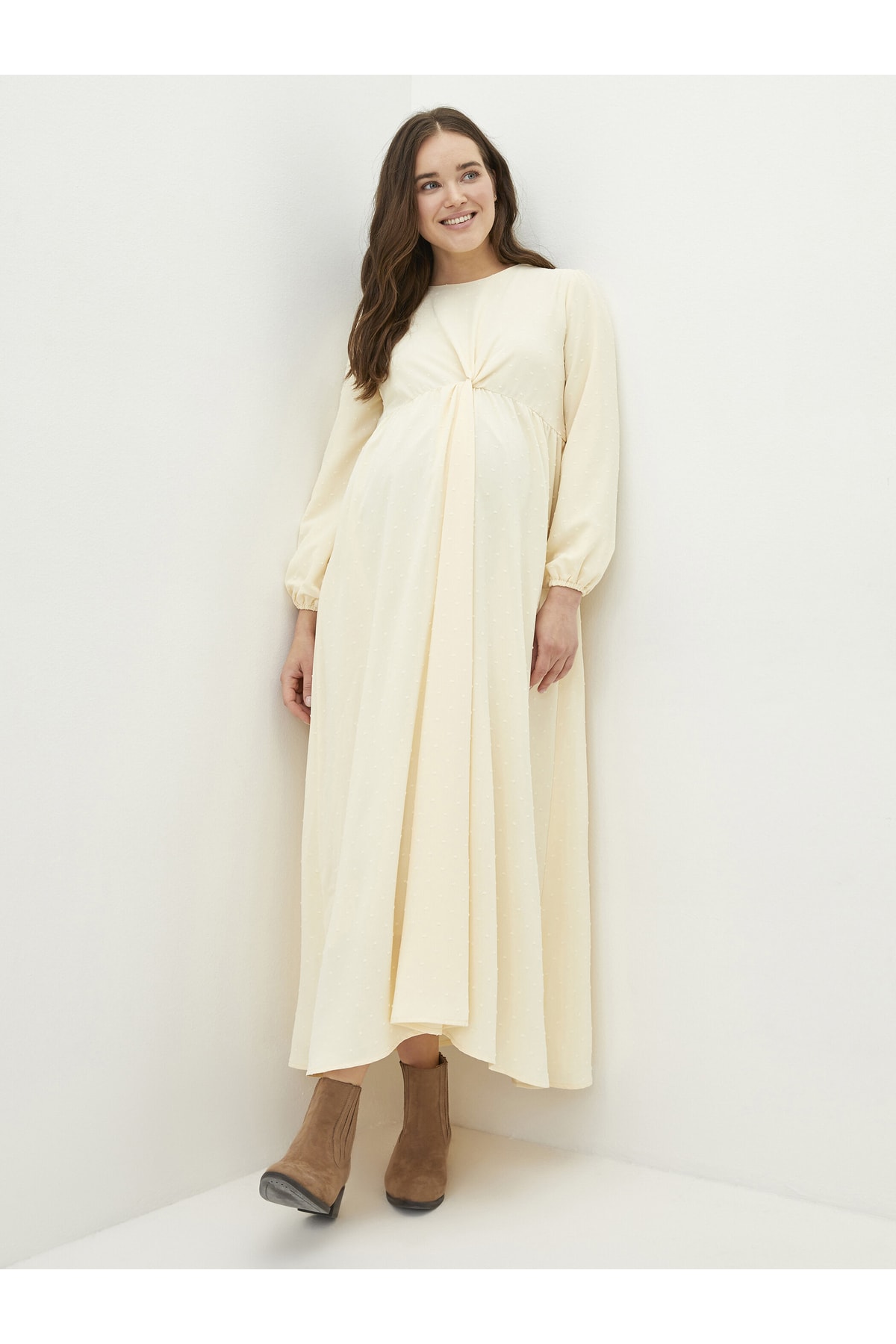 LC Waikiki Selbstgemustertes, Gerafftes, Langärmliges Umstandskleid Aus Popeline Mit Rundhalsausschnitt für Damen - 40