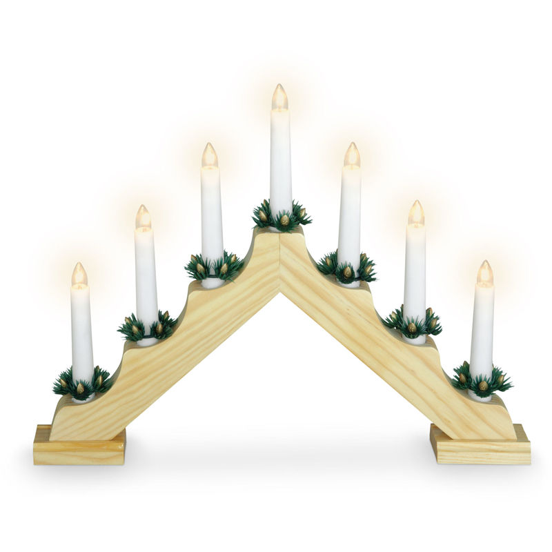 Holz Schwibbogen 39 cm mit 7 led Kerzen und Timer - natur - Weihnachtsdeko mit Beleuchtung - Adventsleuchter Lichterbogen Kerzenbrücke Fenster Deko