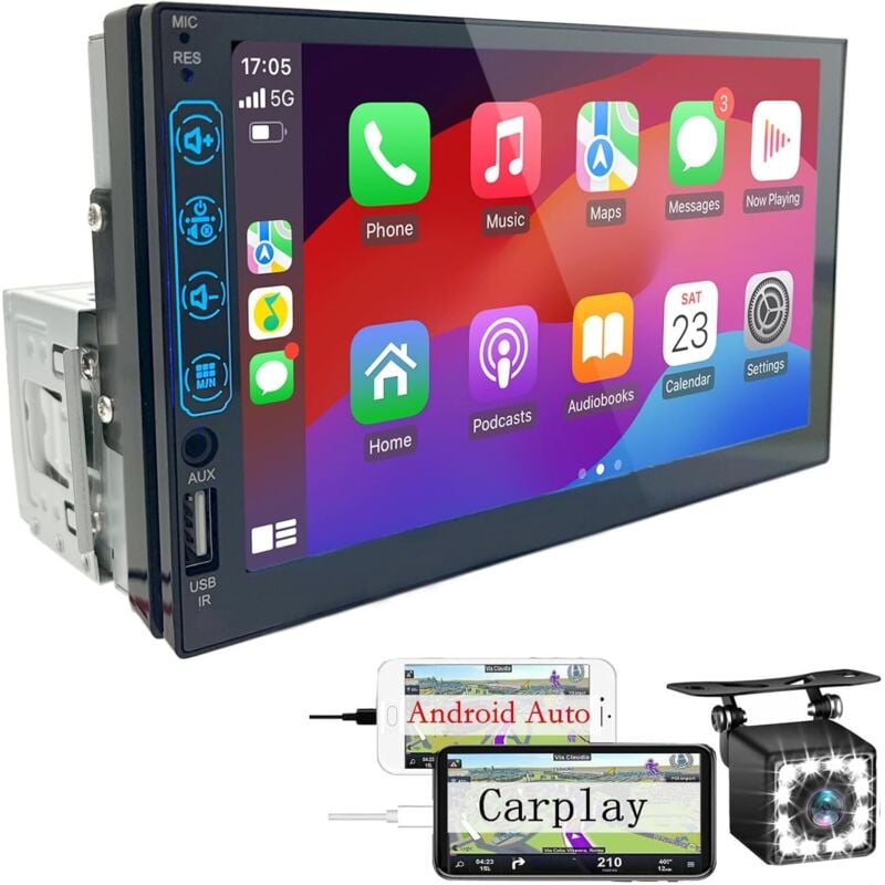 1-DIN-Bluetooth-Autoradio mit Carplay und Android Auto – 7-Zoll-HD-Touchscreen-Autoradio unterstützt Mirror Link iOS/Android/FM-Radio/USB/EQ –