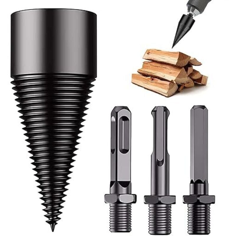 1 Stück Holzspaltkegel zum Spalten von Holzstämmen, 32 mm, konischer Holzspalter für Brennholz, Holzschneidwerkzeug mit 3 Bohrgriffen