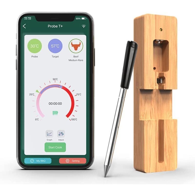1 Stück Sonde Temperatur Küche Bluetooth 50m Funk-Thermometer für Fleisch mit Timer- und Alarmfunktion, kabelloser Küchenthermometer für Fritteusen,