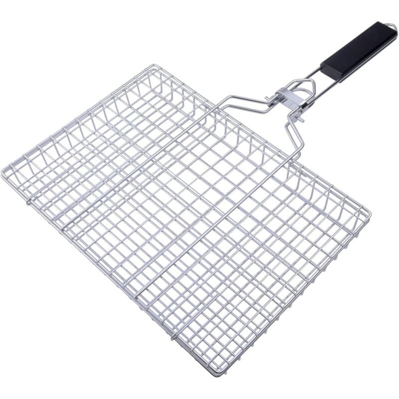 1 x Grillkorb aus Edelstahl (50 x 32 x 3,5 cm), Grillrost aus Legierung mit Holzgriff, geeignet für Gemüse, Fleisch und Fisch