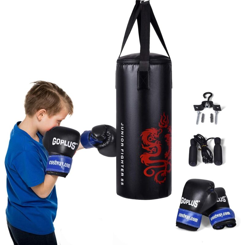 10 kg Boxsack Set, Kinder Boxset, Boxing Set mit Boxhandschuhe & Springseil, Punching Bag mit Füllung, aus Kunstleder, inkl. Tragetasche &