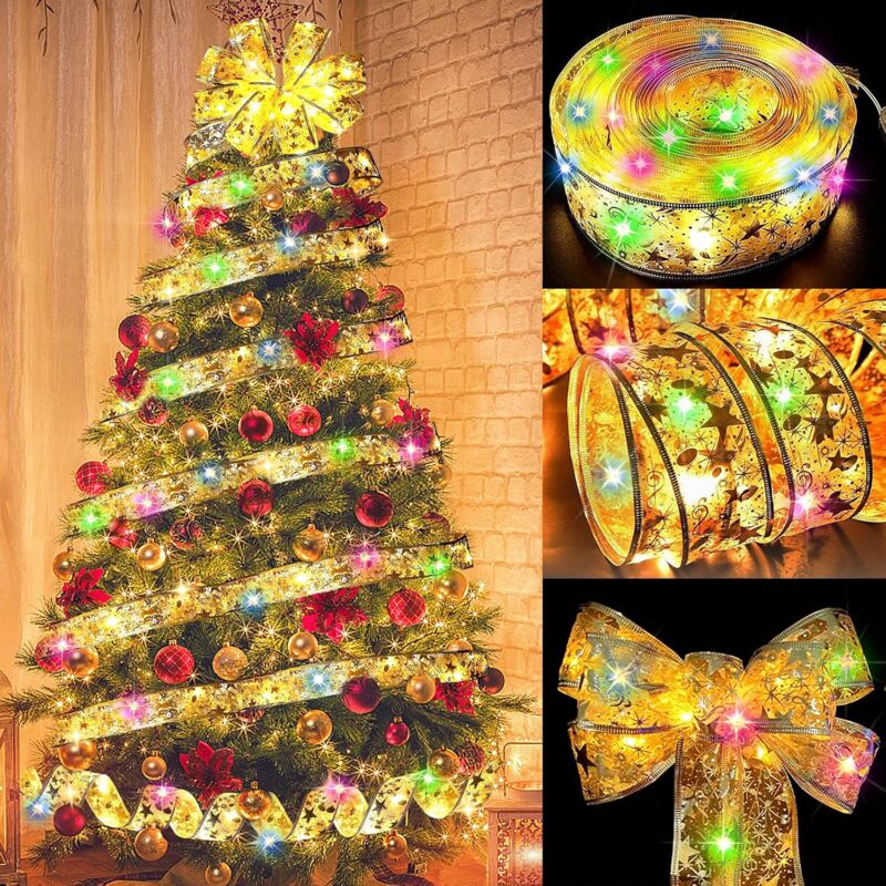 Jusch - 10 m 100 LED-Weihnachtsbaum-Lichterketten, LED-Lichterketten, Weihnachtsbaum-Dekorationslichter, DIY-Spitzenschleife