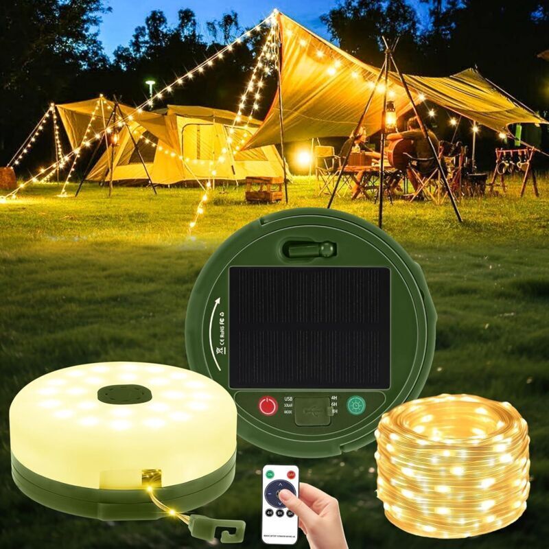 10 m lange, einziehbare Lichterkette, solar- und USB-aufladbar, LED-Camping-Lichterkette mit 8 Leuchtmodi, Fernbedienung, wasserdichte