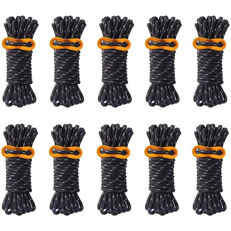 10 Stück 4 mm reflektierende Campingseile mit Aluminium-Spannschnüren für Wanderzelte, Planen, Markisen (schwarz)