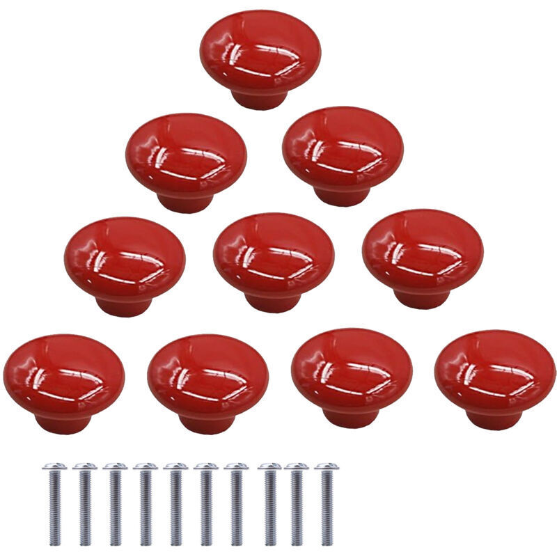 10 Stück Keramik-Möbelknöpfe, runde Keramik-Schubladenknöpfe, Schrankgriffe für Küchen- und Bibliotheksschränke (Rot)