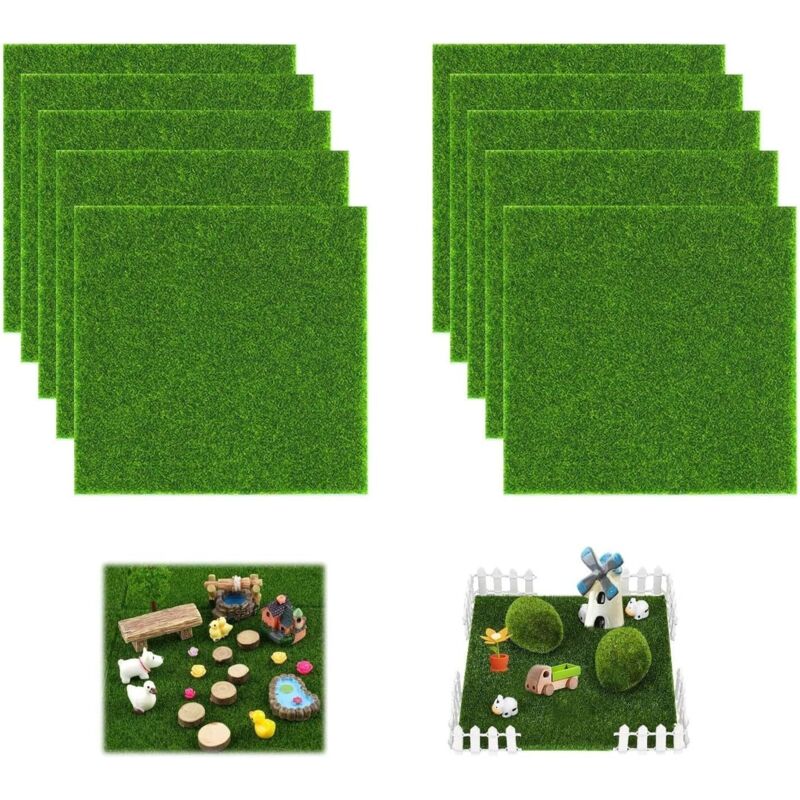 10 Stück Kunstrasen 15 x 15 cm, Kunstrasen Outdoor, Miniatur-Grasteppich, für Gartendekoration, Balkon, Terrasse und Landschaftsdekoration