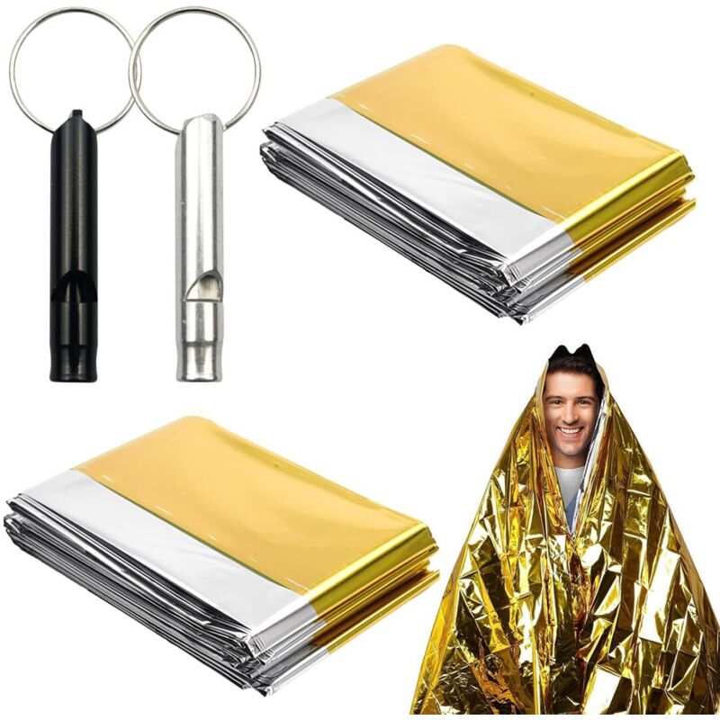 10 Stück Outdoor Survival Thermodecken, wiederverwendbar, extra groß, silber-goldene Wärmedämmdecke, mit 5+5 Stück Notfallpfeife (210×160cm)