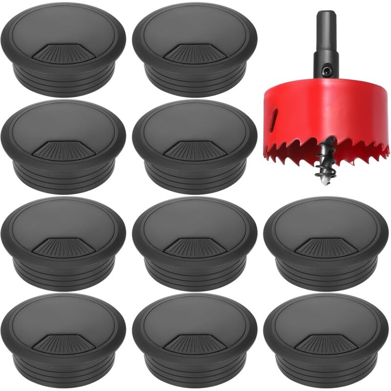 10 Stück Schreibtisch Kabeldurchführung, 80mm Kabeldurchlass mit 1 Lochsäge, Kabeldurchführung Tisch Rund für Tisch Büro Arbeitsplatten, Schwarz