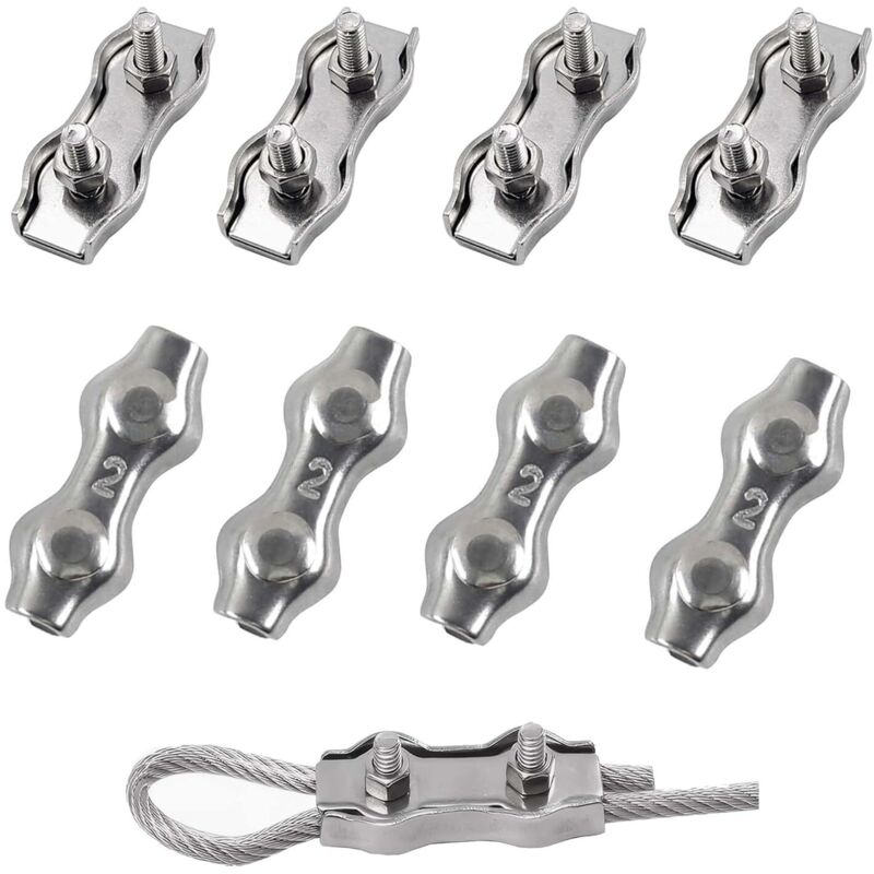 10 Stück Stahlkabelklemmen, Edelstahl 304, Doppelklemmen, Seilklemmen, Kabelklemmen für Baustellen und Schiffe, Wäscheleinen, Markisen, für