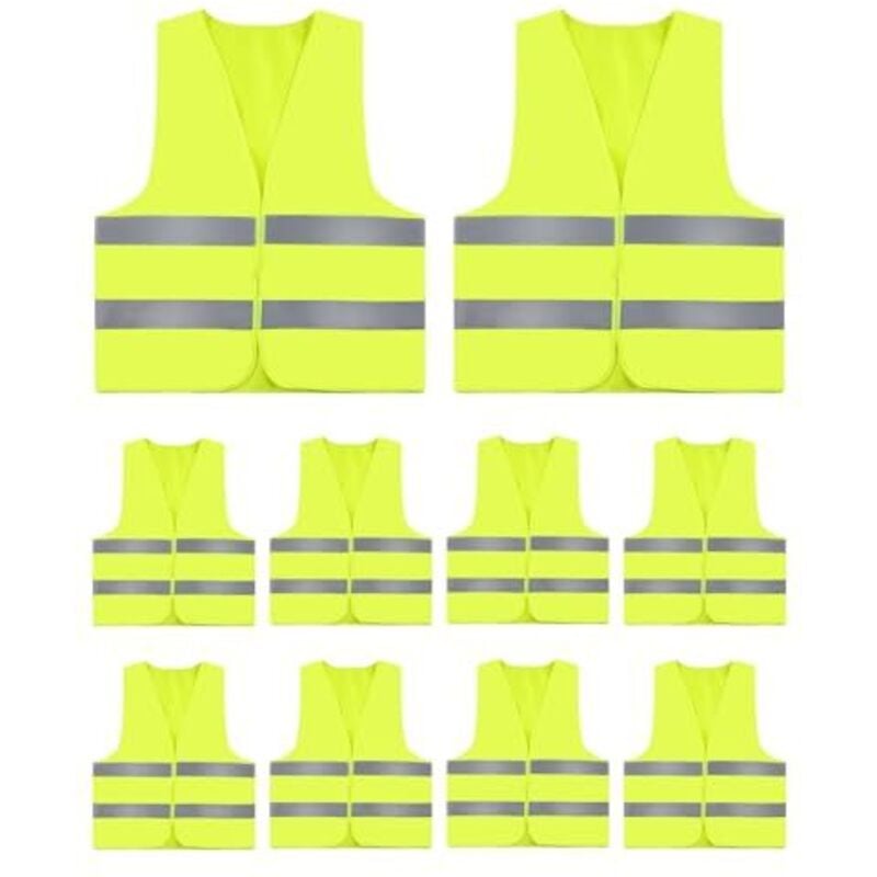 10 Stück Warnwesten Gelb Reflektorwesten Warnweste Gelbe Weste für Erwachsene und Kinder Gelbe Weste fürs Auto Fluoreszierende Warnweste für Fahrrad