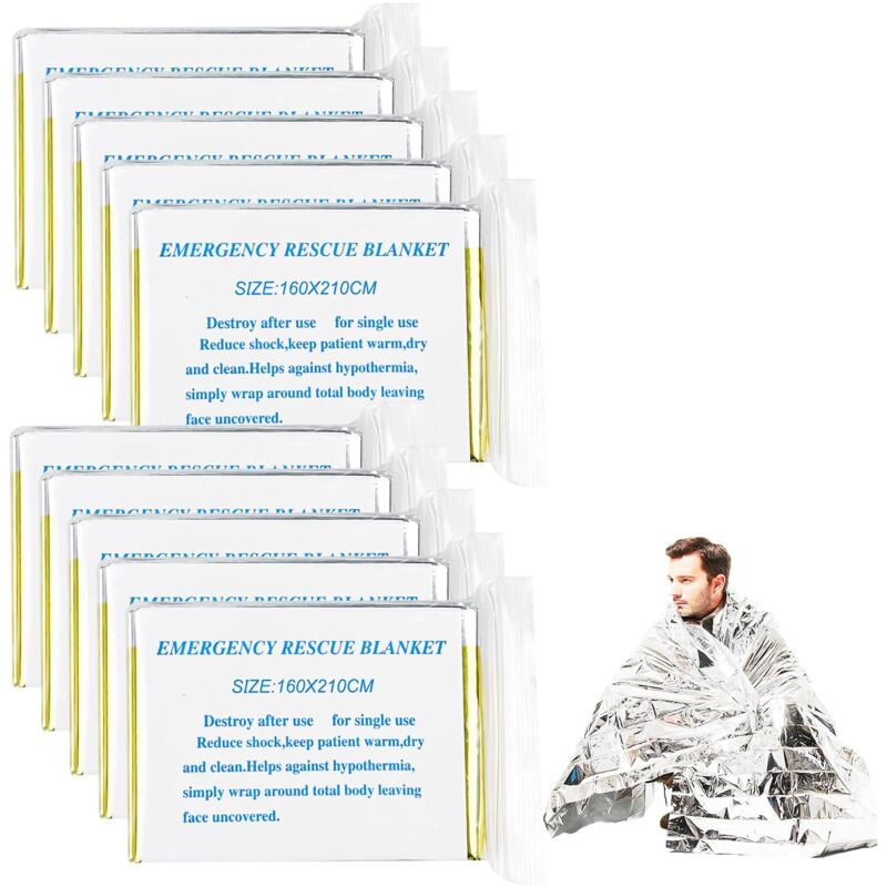 10 Stück wiederverwendbare Rettungsdecke, reißfeste und wasserdichte Thermo-Notfalldecken für Outdoor, Wandern, Survival, Marathons, Erste Hilfe,