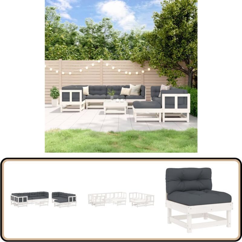 10-tlg. Garten-Lounge-Set mit Kissen Weiß Massivholz - Gartengeräte - Gartenmöbel - Loungemöbel - Rattan Möbel - Esszimmergarnituren