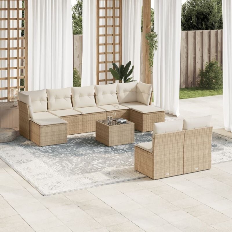 10-tlg. Garten-Sofagarnitur mit Kissen Beige Poly Rattan - Vidaxl