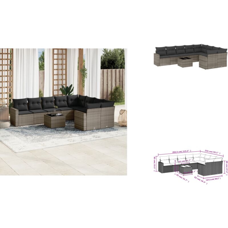 10-tlg. Garten-Sofagarnitur mit Kissen Grau Poly Rattan - Gartenmöbel - Gartensortelement - Lounge Set - Outdoor Möbel - Rattan Gartenmöbel