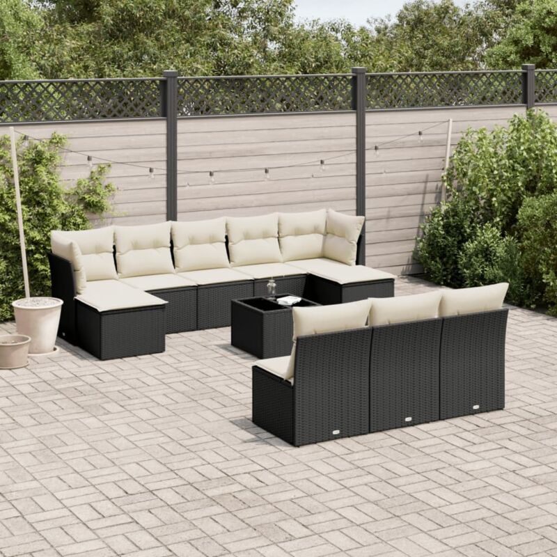 11-tlg. Garten-Sofagarnitur mit Kissen Schwarz Poly Rattan - Vidaxl