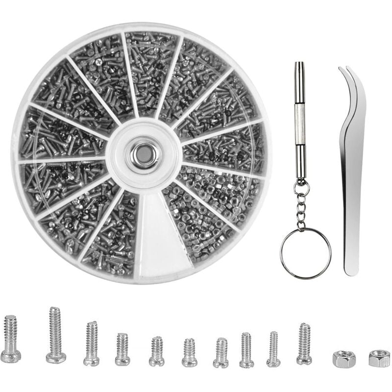 1000-teiliges Sortiment Schrauben und Muttern, Brillenreparaturset, kleine Schrauben und Muttern mit Schraubendreher und Pinzette,