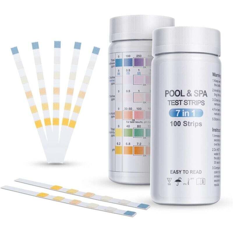 100er-Packung Pool-Teststreifen, 7-in-1-Pool-Teststreifen für Pool, Spa und Whirlpool, Wasserqualitätsanalyse – Gesamthärte, Brom, freies Chlor,