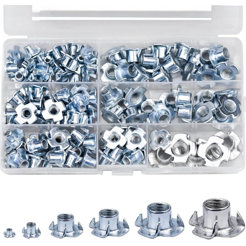 Aougo - 105-teiliges T-Muttern-Klauen-Set, M4 M5 M6 M8 M10 Kohlenstoffstahl-Klauenmuttern für Holzbearbeitungsgeräte, Sanitär-Heimwerker