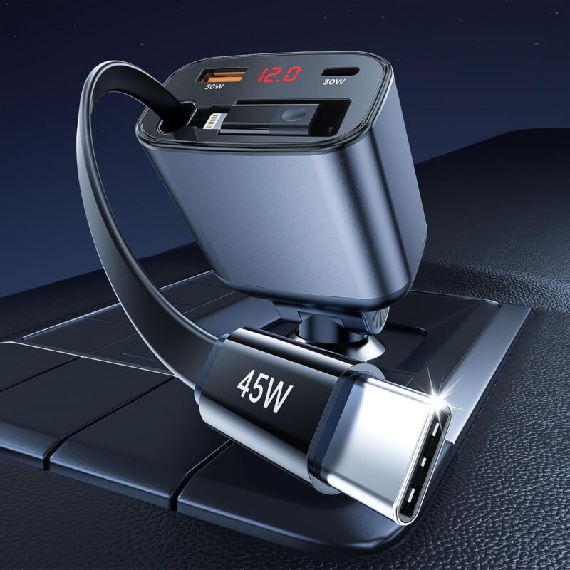 105 W USB-Autoladegerät, 45 W PD einziehbares Autoladegerät, 30 W QC3.0-Schnellladeadapter, mit LED-Voltmeter DC12-24 V für iOS, Android, Tablets und