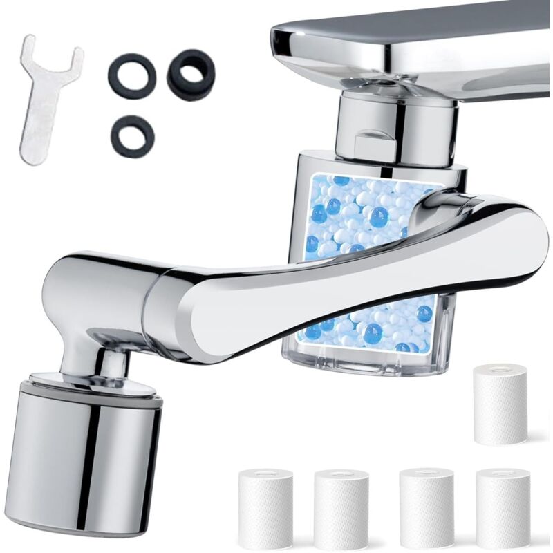 1080° drehbarer Anti-Kalk-Wasserhahnfilter, transparenter Wasserhahnfilter mit 5 PP-Baumwollfilterelementen, 2-Modus-Wasserfilter für Küche und Bad