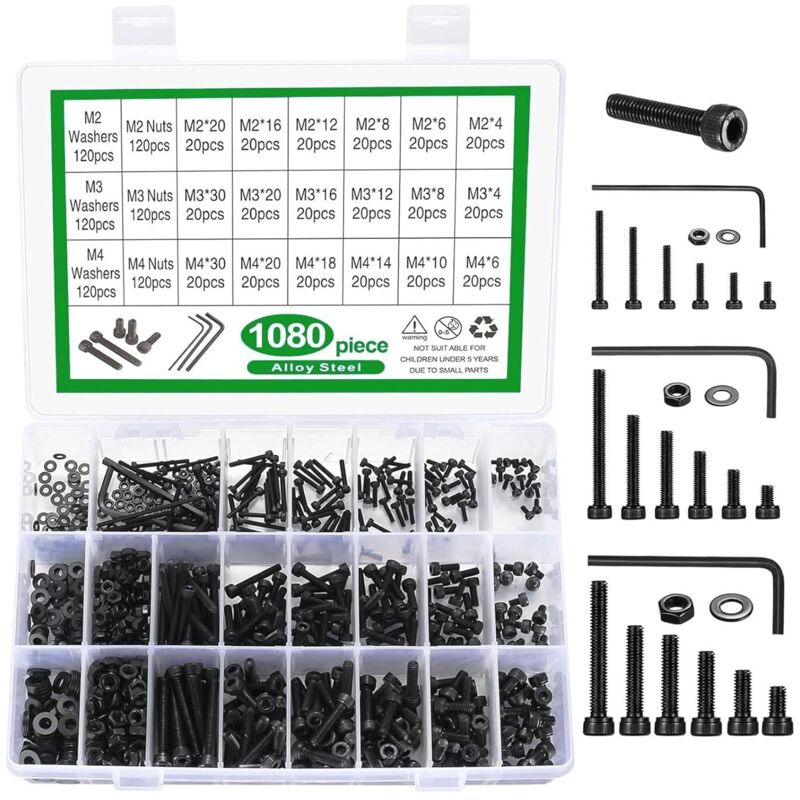 1080-teiliges Schrauben-Set M2 M3 M4, Maschinenschrauben, Muttern & Unterlegscheiben (Schwarz)