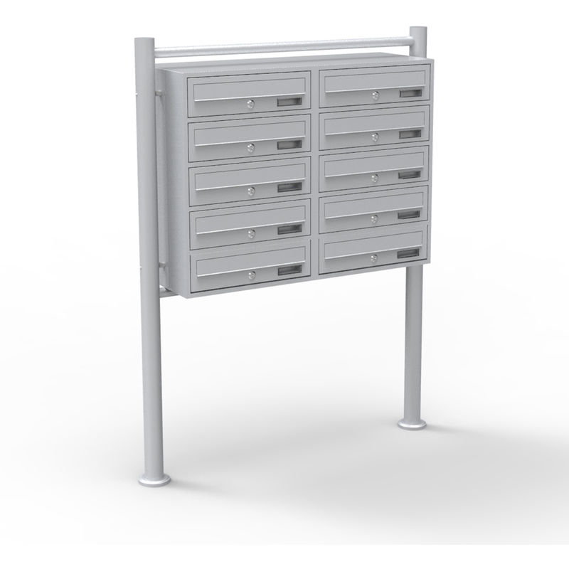 Wiltec 10er Briefkastenanlage silberfarben 945 x 270 x 1500 mm, Standbriefkasten mit 2x5 Fächern, Schlüssel und Namensschild, Briefkasten Postkasten